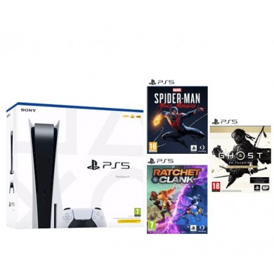 Game Console  Sony PlayStation 5 (Disc Version) + 3 x Games (Ghost of Tsushima + Spider Man Miles Morales + Ratchet&Clank Rift Apart) White, 1 x Gamepad (Dualsense)