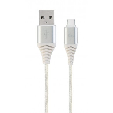Cable USB2.0/Type-C Premium cotton braided - 2m - Cablexpert CC-USB2B-AMCM-2M-BW2, Silver/White, USB 2.0 A-plug to type-C plug, blister