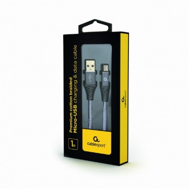 Cable USB2.0/Micro-USB Premium cotton braided - 1m - Cablexpert CC-USB2B-AMmBM-1M-WB2, Spacegrey/White, USB 2.0 A-plug to Micro-USB plug, blister