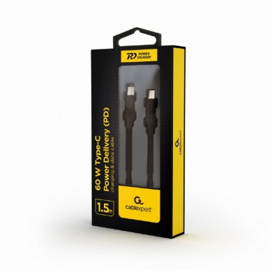 Cable Type-C to Type-C - 1.5 m - Cablexpert CC-USB2-CMCM60-1.5M, 60W Type-C Power Delivery (PD) charging & data cable, 1.5 m, Black