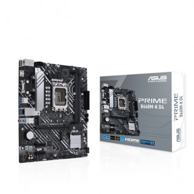 ASUS PRIME B660M-K D4, Socket 1700, Intel&reg; B660 (13/12th Gen CPU), Dual 2xDDR4-5333, VGA, HDMI, CPU Intel graphics, 1xPCIe X16 4.0, 4xSATA3, RAID, 2xM.2, 2xPCIe X1, ALC897 7.1, 1xGbE LAN, 6xUSB3.2, 5X Pro III, mATX