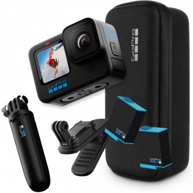 Action Camera GoPro HERO 10 Black Bundle, Photo-Video:23MP/5.3K60+4K120, 8xslow-mo, waterproof 10m, voice control, 3x microphones, hyper smooth 4.0, HDR, GPS, Wi-Fi, Bluetooth, 153g (in box H10B, 2x battery, 1x shorty, 1x magnetic mount, 1x curved adhesive handle, 1x quick fix + screw)
