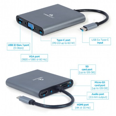 Adaptor Multiport Gembird A-CM-COMBO6-01/ USB-C/ USB-A/ 1xUSB-C/ HDMI/ VGA/ miniJack 3.5mm/ SD/ microSD