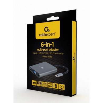 Adaptor Multiport Gembird A-CM-COMBO6-01/ USB-C/ USB-A/ 1xUSB-C/ HDMI/ VGA/ miniJack 3.5mm/ SD/ microSD