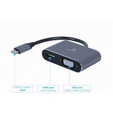 Adaptor Gembird A-USB3C-HDMIVGA-01 / USB Type-C to HDMI + VGA display adapter, space grey