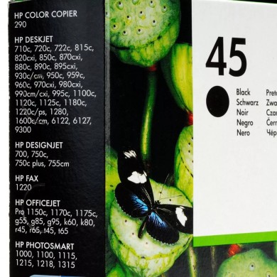 HP №45A Black Cartridge, 42ml, Large, 830 A4 size pages at 5% coverage, for copier 290, DesignJet 700, 750, 755, DJ1100C, 1120, 1220, 1600, 6120, 710C, 720C, 815C, 880C, 820cxi, 850, 870, 890, 9xx series, fax 1220