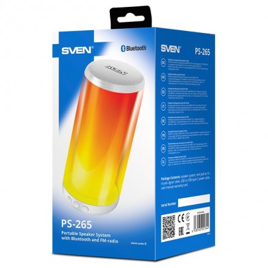 Boxe Portabile Bluetooth SVEN PS-265 White / 10W RMS / TWS / RGB 12 lighting modes with Night Light / FM tuner / USB & microSD / White