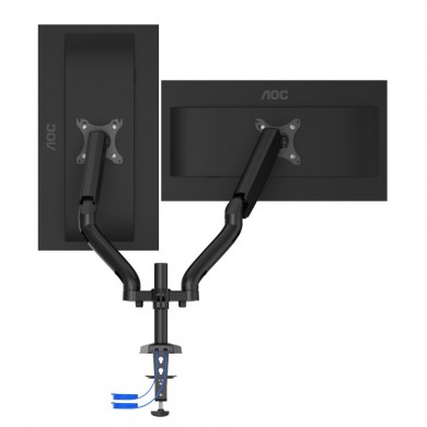 Arm for 2 monitors 13&rdquo;-31.5&rdquo; -  AOC AD110DX with integrated USB Hub, Black, USB Hub: USB-C + USB3.0, Desk Clamp/Grommet, Aluminum structure, Gas spring, Height adjustment, Max.Load: 2-9kg, Tilt: '-90&deg;~+85&deg;, Swivel:180&deg;, Rotation: 360&deg;, Hidden cable management, VESA 75/100