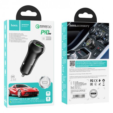 Incarcator auto USB HOCO Z38 Resolute / 1 x USB + 1 x USB-C / Total output: 38W / up to PD3.0 / QC3.0 / Black