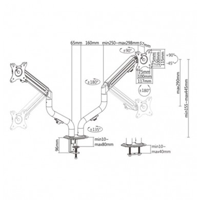 Arm for 2 monitors 17&rdquo;-32&rdquo; - Gembird MA-DA2-02, Steel (1.35 mm), Gas spring 2-8 kg per screen, VESA 75/100, arm rotates, extends and retracts, tilts to change reading angles, and allows to rotate display from landscape-to-portrait mode