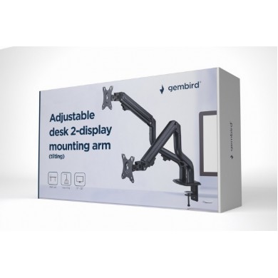 Arm for 2 monitors 17&rdquo;-32&rdquo; - Gembird MA-DA2-02, Steel (1.35 mm), Gas spring 2-8 kg per screen, VESA 75/100, arm rotates, extends and retracts, tilts to change reading angles, and allows to rotate display from landscape-to-portrait mode