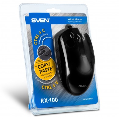 SVEN RX-100, Optical Mouse, Windows OS/ Mac OS, copy/paste buttons, 5+1 (scroll wheel), 1000-4000 dpi, USB, 1.5 m, Black