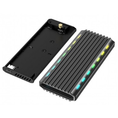 USB enclosure for M.2 NVMe drives, USB 3.1 gen 2 (10 Gbps), RGB LED backlight, aluminum, support: M.2 of 22 mm 2230, 2242, 2262, 2280, SATA and NVMe; M-, B-, M+B key, 0.20m cable USB-C/A