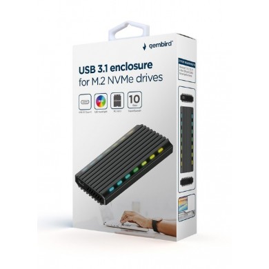 USB enclosure for M.2 NVMe drives, USB 3.1 gen 2 (10 Gbps), RGB LED backlight, aluminum, support: M.2 of 22 mm 2230, 2242, 2262, 2280, SATA and NVMe; M-, B-, M+B key, 0.20m cable USB-C/A