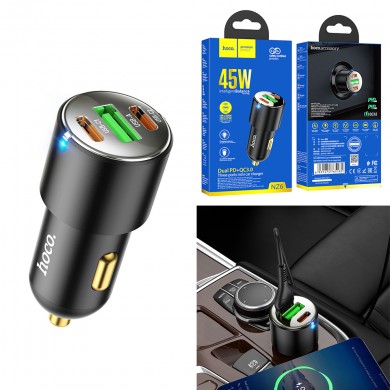 Incarcator auto USB HOCO ”NZ6”/ USB + 2xUSB-C, Total output: 45W / up to PD45W / QC3.0 / Black