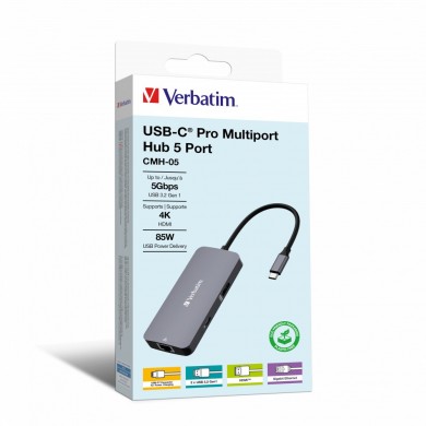 Adaptor Multiport Verbatim CMH-05/ USB-C/ 2xUSB-A 3.0/ 1xUSB-C (PD 100w)/ HDMI/ RJ45