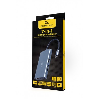 Adaptor Multiport Gembird A-CM-COMBO7-01/ USB-C/ 3xUSB-A/ 1xUSB-C (PD 100W)/ HDMI/ VGA/ miniJack 3.5mm/ SD/ microSD