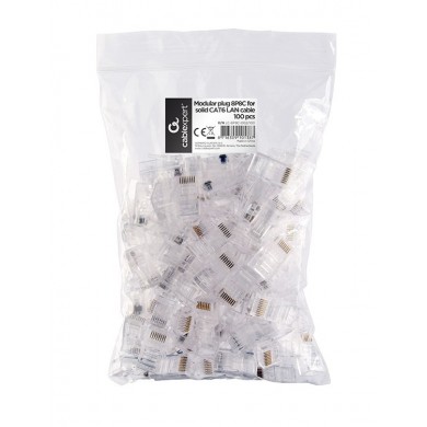 RJ45 Modular Plug LC-8P8C-002/100, Modular plug 8P8C for solid CAT6 LAN cable, 30u” gold plated, 100 pcs/bag RJ45 Modular Plug LC-8P8C-002/100, Modular plug 8P8C for solid CAT6 LAN cable, 30u” gold plated, 100 pcs/bag