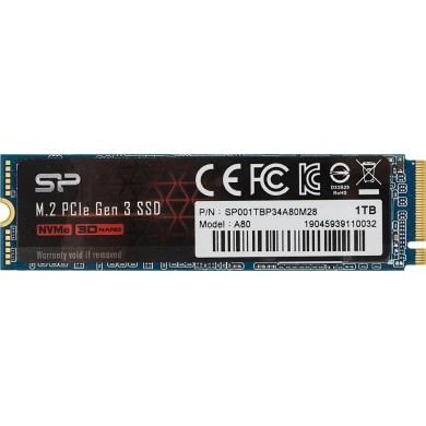 M.2 NVMe SSD Silicon Power A80/ 1.0TB/ PCIe3.0 x4 / NVMe1.3/ M2 Type 2280
