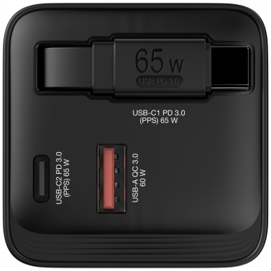 Incarcator Verbatim Mini GaN / 65W / 2 porturi / retractable USB-C cable