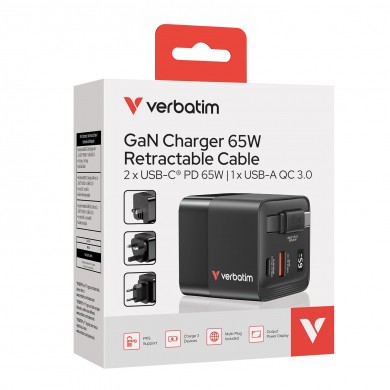 Incarcator Verbatim Mini GaN / 65W / 2 porturi / retractable USB-C cable
