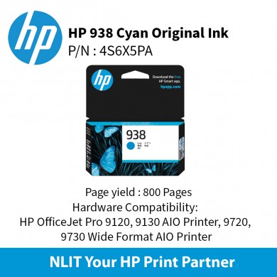 HP 938 (4S6X5PE) Cyan Original Ink Cartridge  for HP OfficeJet Pro 9125e, 9135e, 9720, 9730, HP OFFICEJET PRO 9120 ALL-IN-ONE SERIES, 800 p.