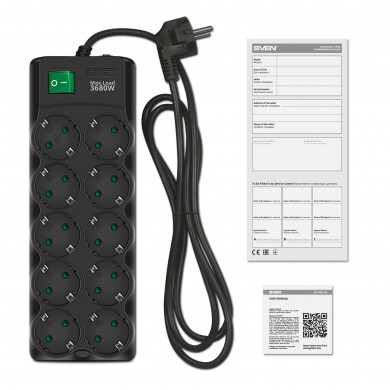 Surge Protector SVEN SF-10E-16/ 10 Sockets/ 3680W/ 1.8m/ Black