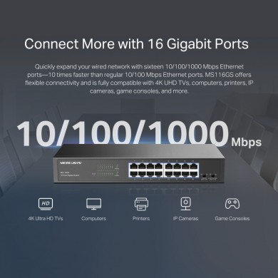 Switch MERCUSYS MS116GS / 16 port / 1000Mb / RJ45 / steel case