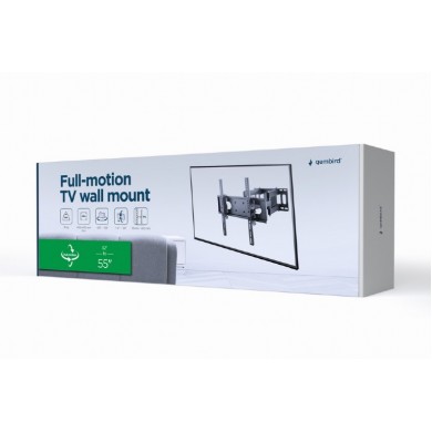 Full-motion TV-Wall Mount for 32 -55”- Gembird ”WM-55ST-04”, allows up to 60 degrees swivel and 20 degrees tilting, max. 35 kg, Distance to wall: 78 - 400 mm, max. VESA 400 x 400, Black