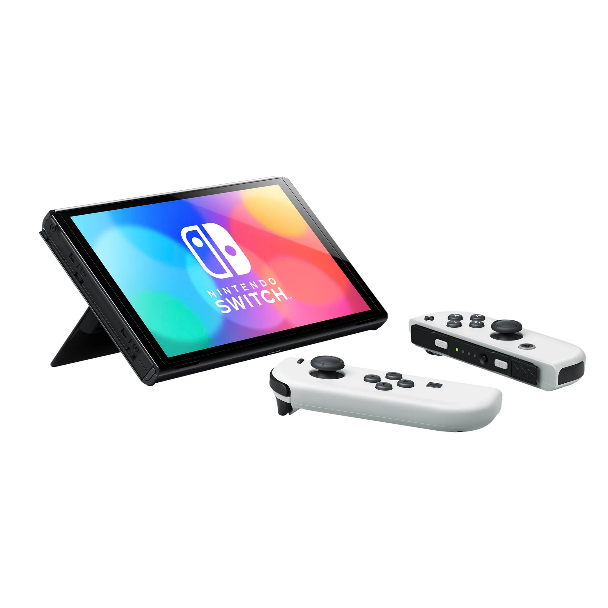 Game Console Portabil Nintendo Switch OLED Model, 64GB, White, 7" Oled screen, Three modes: Handheld / TV / Tabletop, Wide and Adjustable stand, Built-in wired LAN port in dock-station