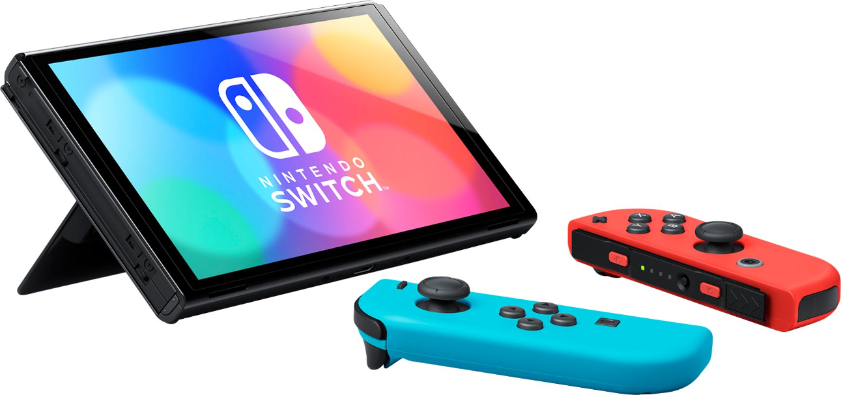 Game Console Portabila Nintendo Switch OLED Model, 64GB, Neon Blue and Neon Red, 7" Oled screen, Three modes: Handheld / TV / Tabletop, Wide and Adjustable stand, Built-in wired LAN port in dock-station