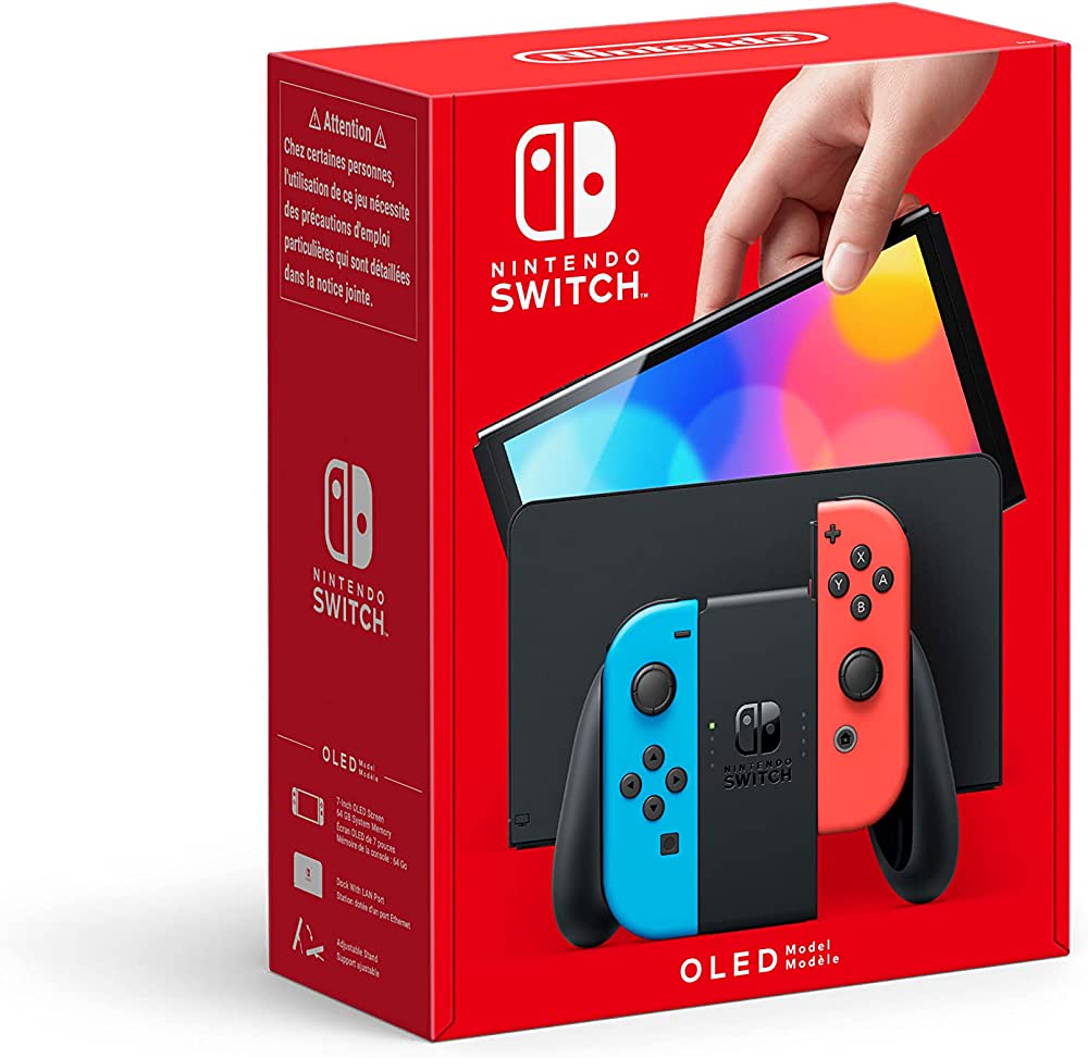 Game Console Portabila Nintendo Switch OLED Model, 64GB, Neon Blue and Neon Red, 7" Oled screen, Three modes: Handheld / TV / Tabletop, Wide and Adjustable stand, Built-in wired LAN port in dock-station
